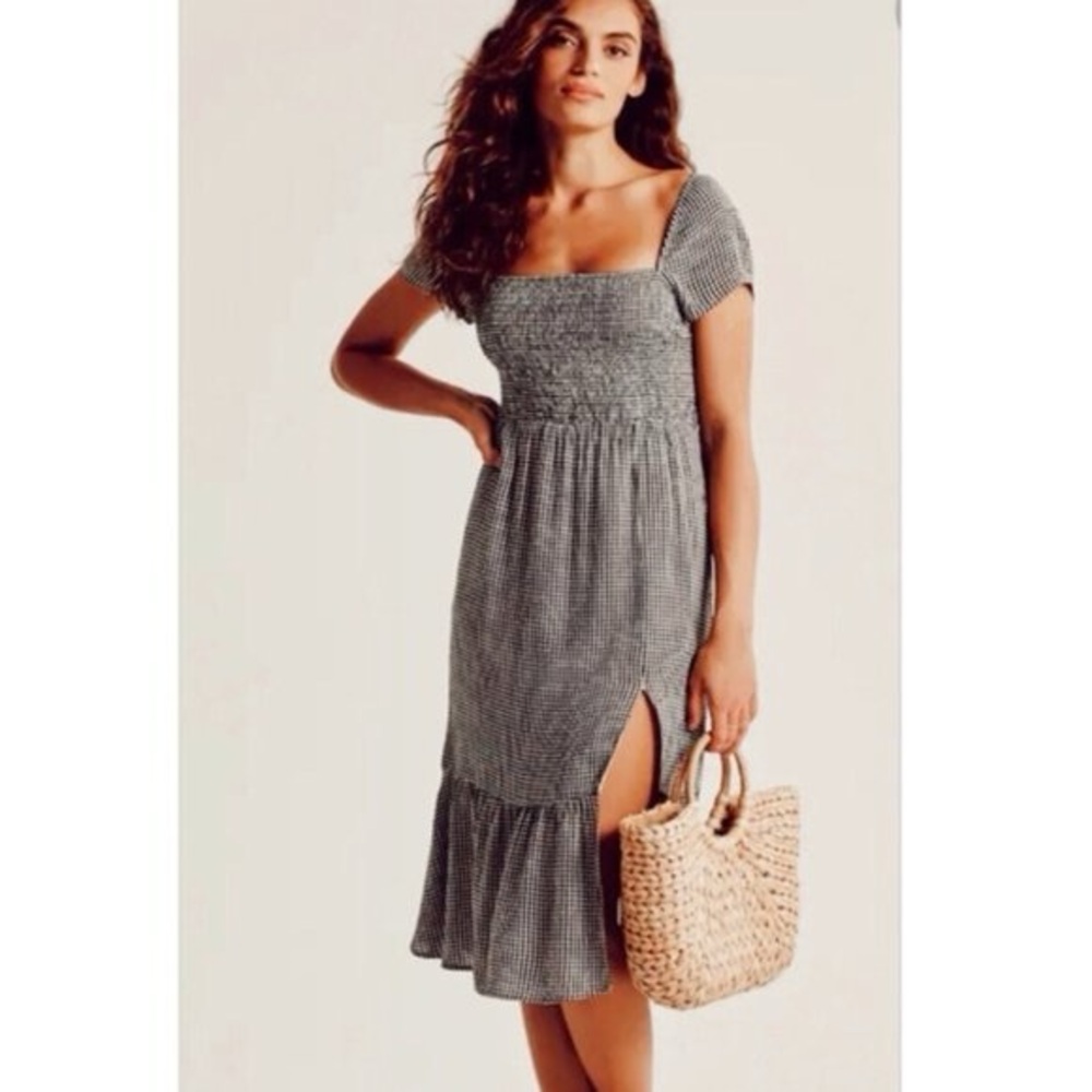 Abercrombie & Fitch Black Smocked Midi Dress with Side Slit